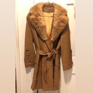 Penny-lane leather trench coat with fur collar